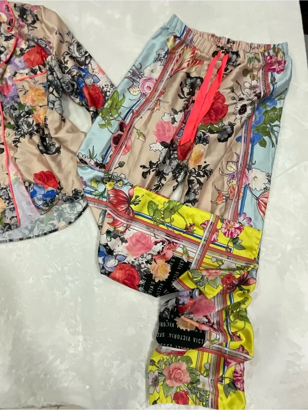 Rare Victoria's Secret Beige Floral Satin Top with Pink and Yellow Accents